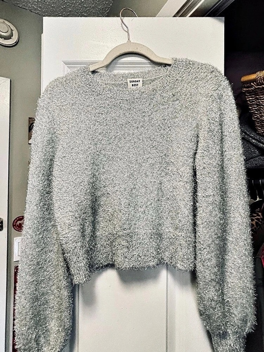 Sunday Best Kitten Sweater Kitten Fuzzy Crew Neck Sweater Silver